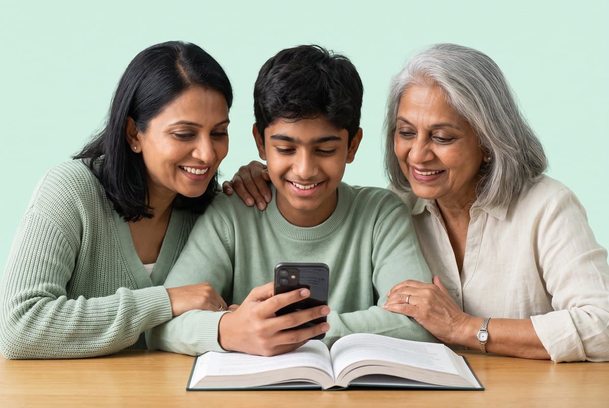 A teenager, his mother and his grandmother smiling over one textbook.